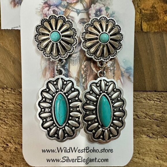 Concho Turquoise Brass‎ Post Earrings 2.2 Inches Long Antique Silver Plate - Picture 8 of 8